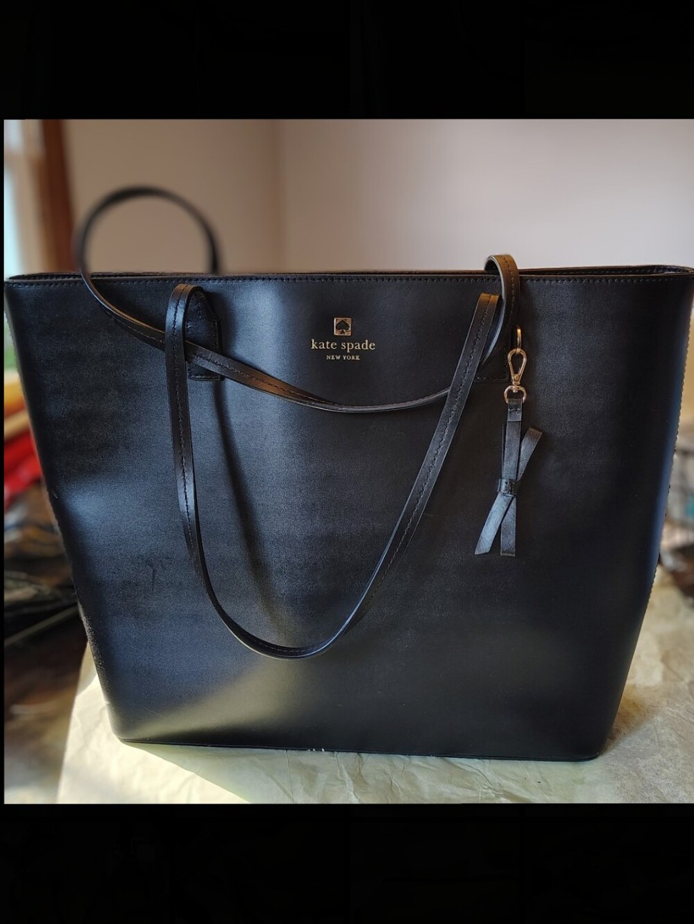 KATE SPADE Sawyer Street Tori Cow Black Leather Tote with Gold Logo Zipper Top